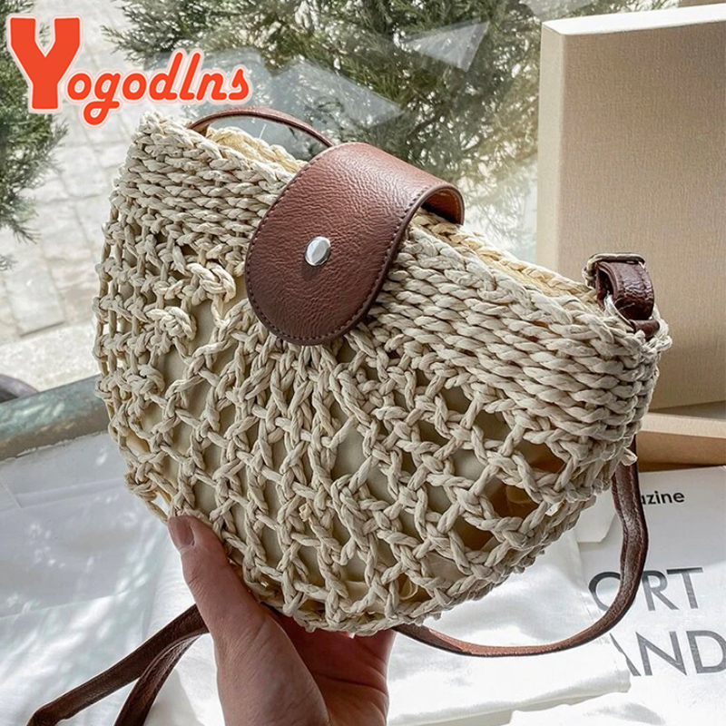 Yogodlns Zomer Strozak Voor Vrouwen Mode Halve Cirkel Crossbody Tassen Rotan Handgemaakte Messenger Handtas Reizen Strandtassen Tote