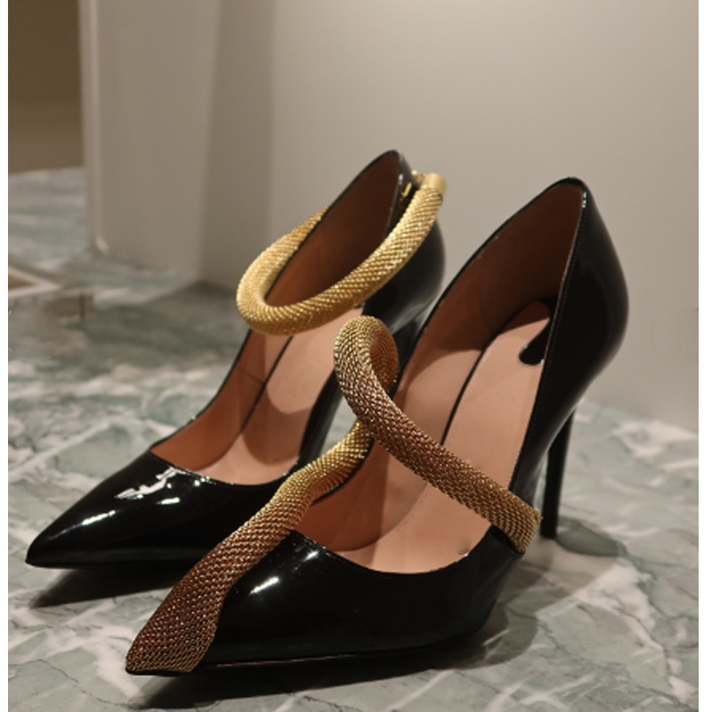 Gold Snake Strap Chain Pointed Toe Stiletto White Pumps Women Summer 2026 Fashion Party Wedding Shoes Black High Heel Sandals