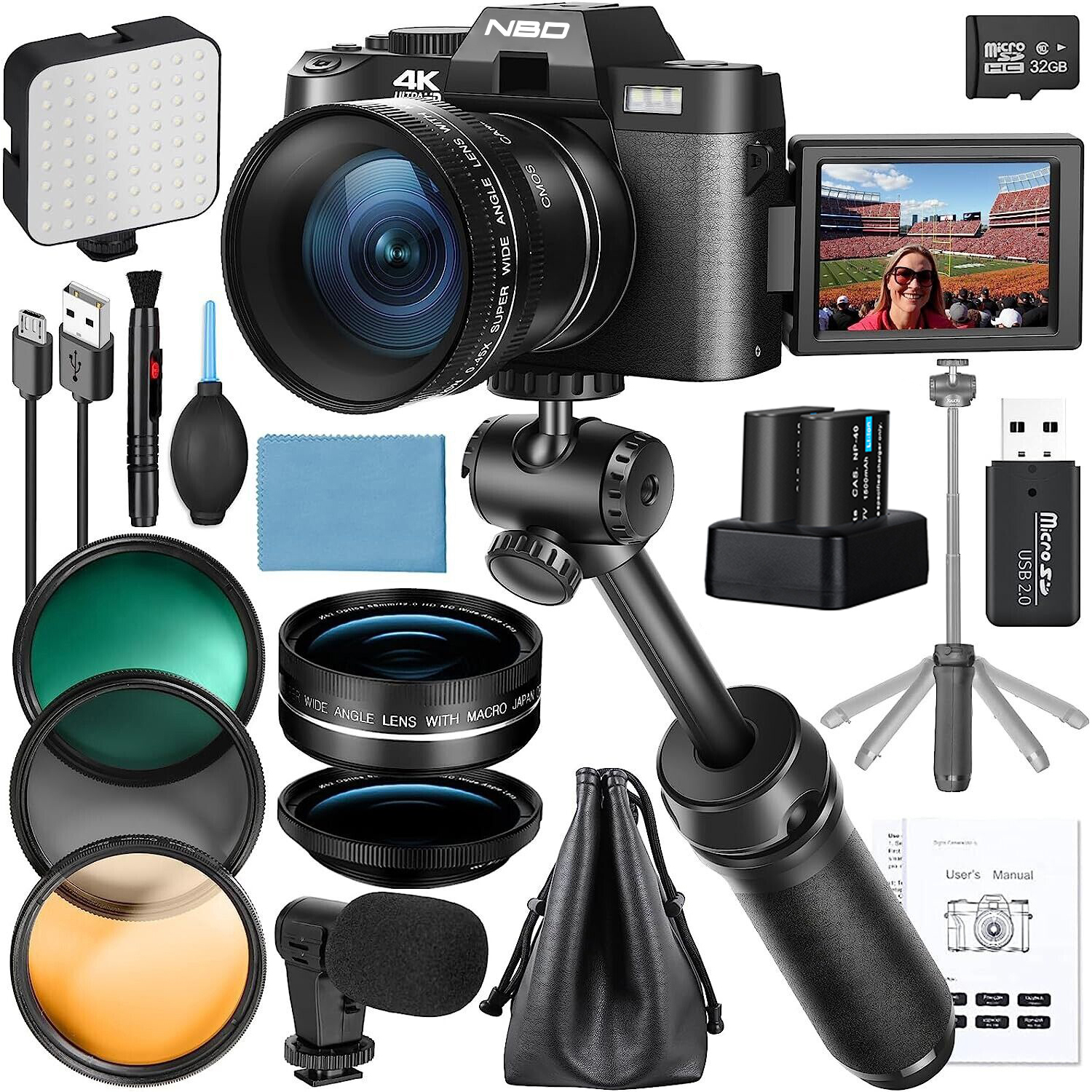 NBD kamera Digital 4K untuk fotografi, kamera Vlog 48MP untuk Youtube dengan mikrofon, Filter 3 warna dan pegangan Tripod