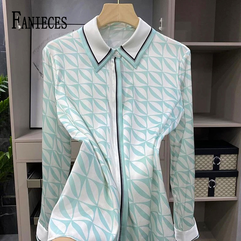 FANIECES Blusas Mujer Elegantes Y Juveniles Mode Print Blauw damesshirt Lente Lange mouw Button Up Casual Tops Streetwear