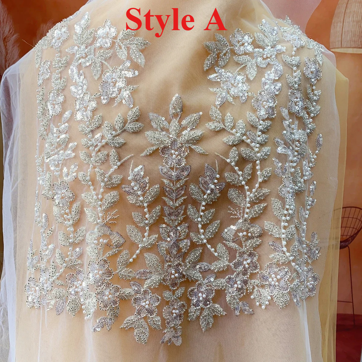 Applique di fiori di pizzo con paillettes di perline d'argento, Applique per abiti da sposa, copricapo da sposa fai da te, colletto in pizzo, toppa in tessuto, bianco sporco