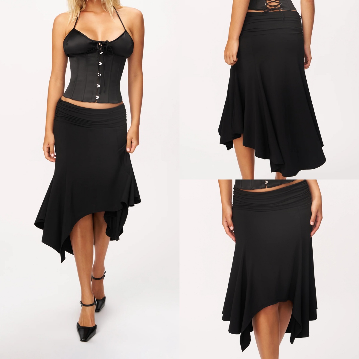 Guz Faltenrock mit niedriger Taille und unregelmäßigem Fischschwanzsaum, Vintage-Stil, drapierter, elastischer, mittellanger Rock mit asymmetrischem Saum, sexy Rock, Faltenrock mit unregelmäßigem Saum, schlank machender Fischschwanzrock mit großem Saum, s