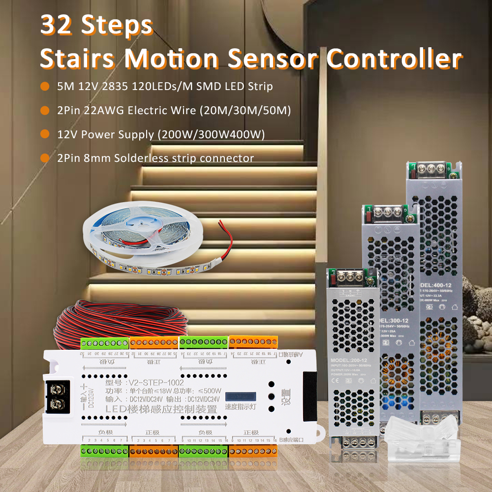 PIR 32-Kanal-Treppen-LED-Streifen, Bewegungsmelder-Controller, DC 12 V, 24 V, Nachtlicht, automatische Innentreppe, flexible LED-Bandlampe