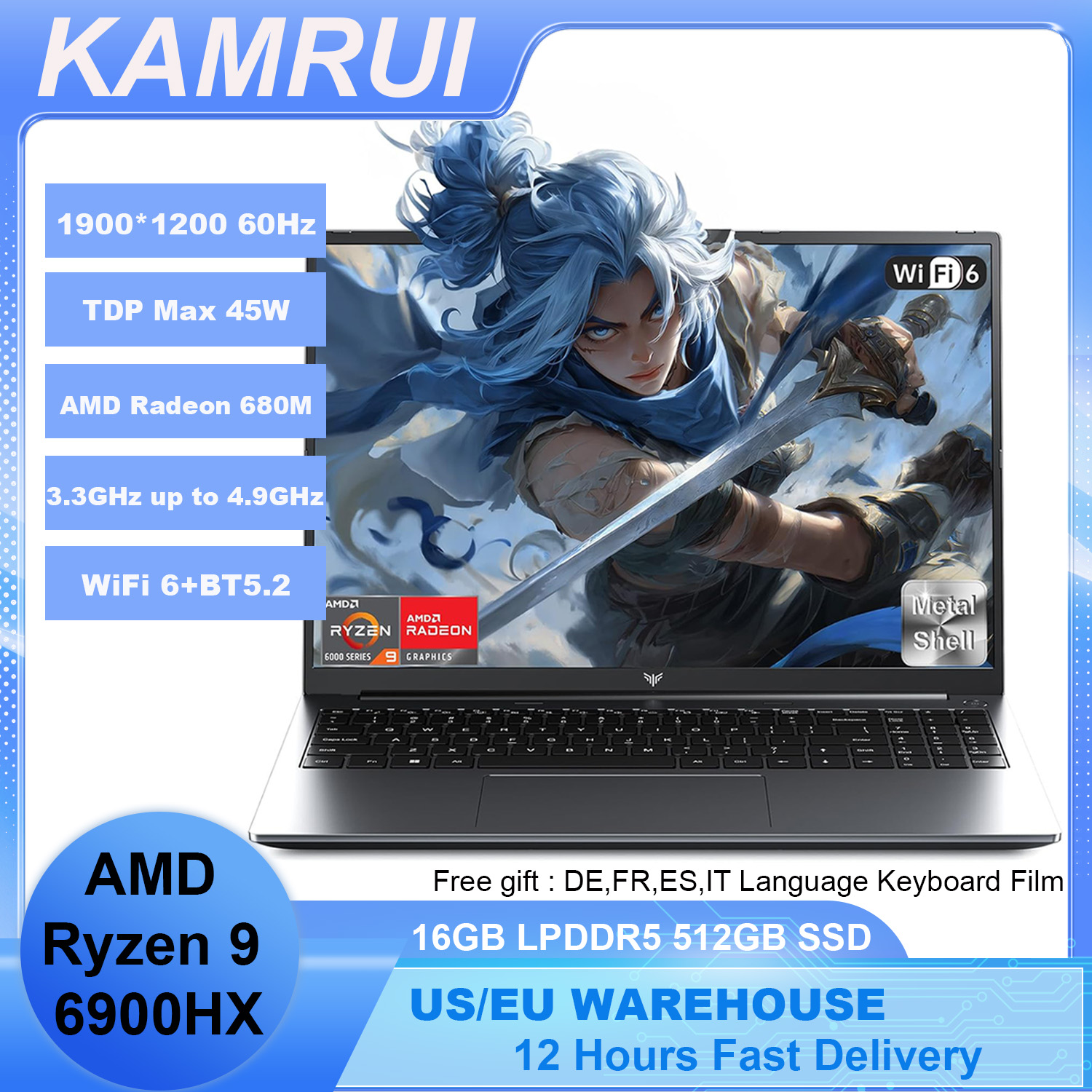 KAMRUI Gaming Laptop 16 inch AMD Ryzen9 6900HX 16GB LPDDR5 512GB M.2 NVMe PCIe3.0 SSD Radeon 680M Win11PRO WiFi6 Verlichte toetsenbord