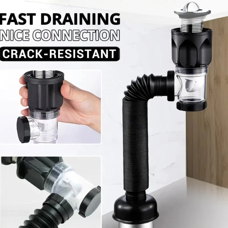 Flip Top Anti-Odor Drain Pipe Set Kitchen Sink Drain Retractable Deodorizing Filter Flexible Downspout Bathroom Anti Clogging