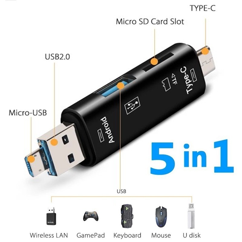 5 em 1 multifuncional usb 2.0 tipo c/usb/micro usb/tf/sd leitor de cartão de memória otg adaptador de leitor de cartão acessórios para celular