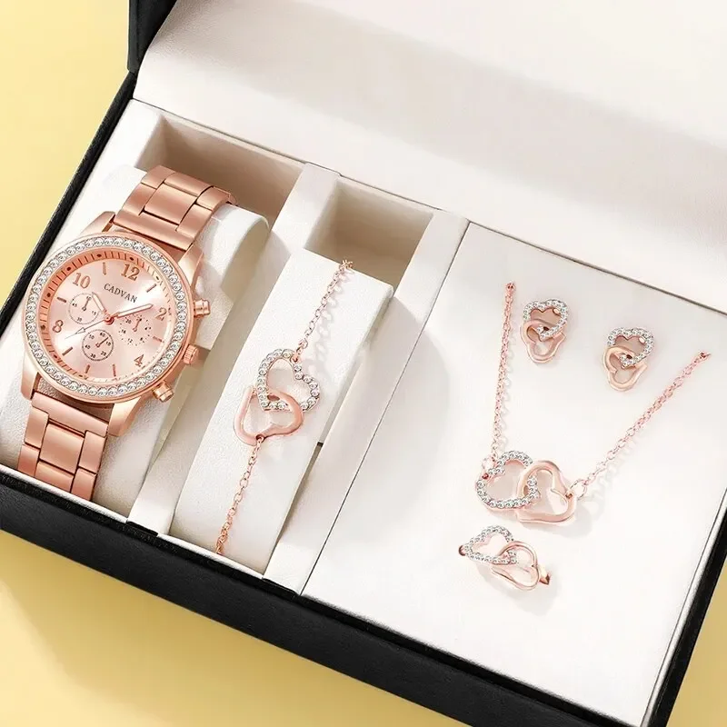 6 pçs conjunto rosa ouro relógio de luxo feminino anel colar brinco strass moda relógio de pulso casual senhoras pulseira relógios