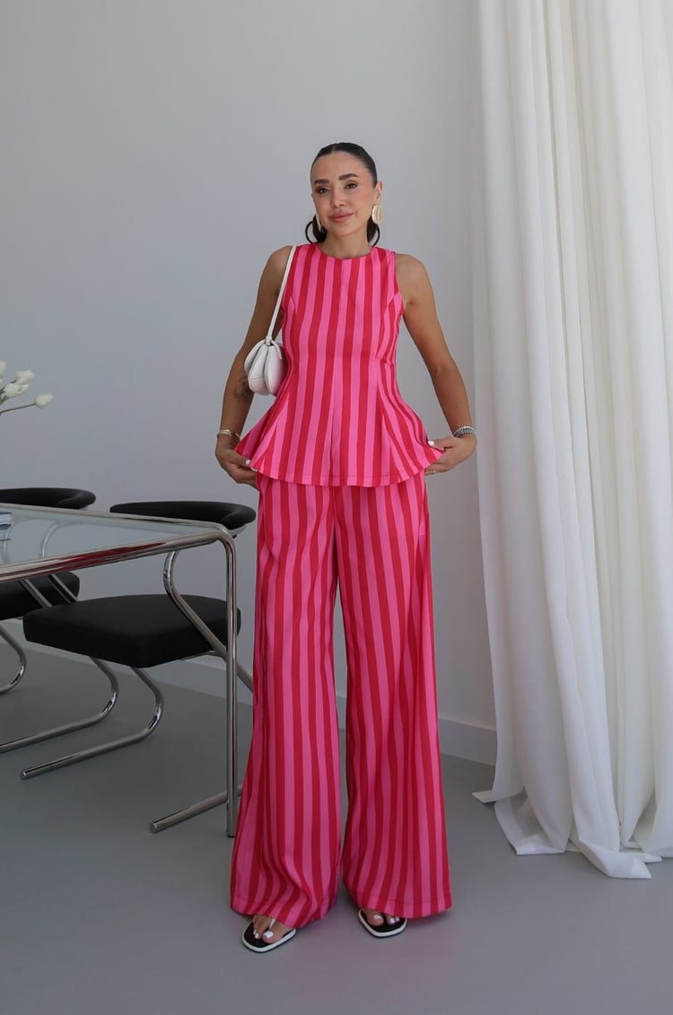 Laru Damen Gestreiftes 2-Teiliges Outfit Ärmelloses Peplum-Top Hochgeschnittene Weite Hose Eleganter Sommer Lässiger Zweiteiler