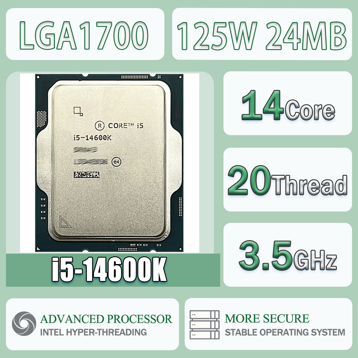 Intel Core i5-14600K 14 rdzeni/20 wątków 3,5 GHz 125 W 24 MB pamięci podręcznej 10 nm Raptor Lake Refresh DDR5-5600 / DDR4-3200 SRQ3Y LGA1700 Grafika UHD Graphics770
