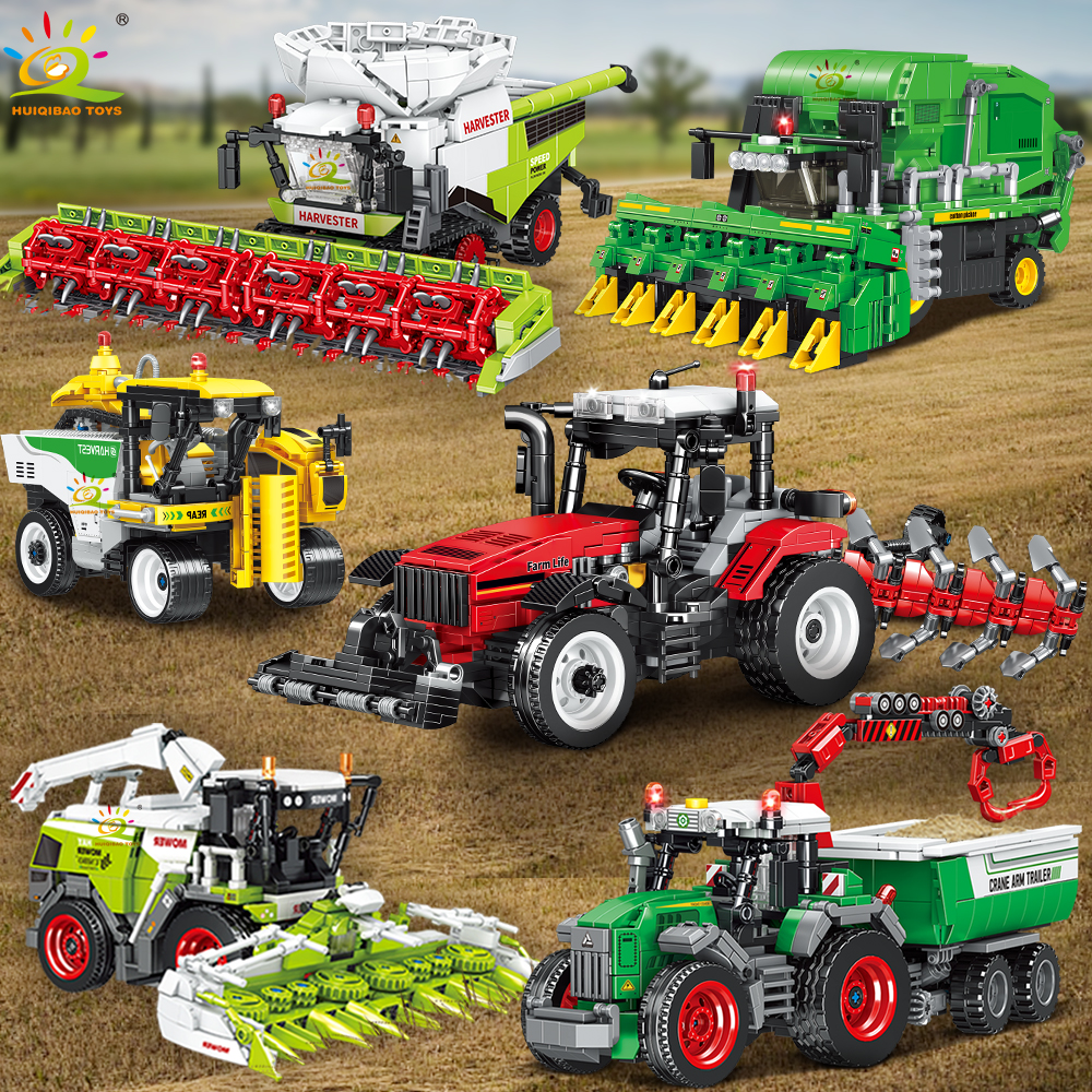 Huiqibao agricultor caminhão modelo bloco de construção trator cultivador colheitadeira veículo moc carro tijolo cidade brinquedo construção para crianças