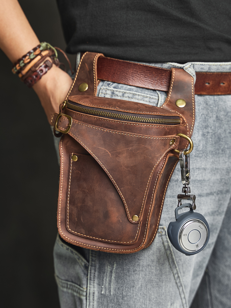 Borsa da Cintura in Vera Pelle Crazy Horse Stile Moto Vintage - Marsupio Unisex Casual per Telefono, Chiavi ed Essenziali