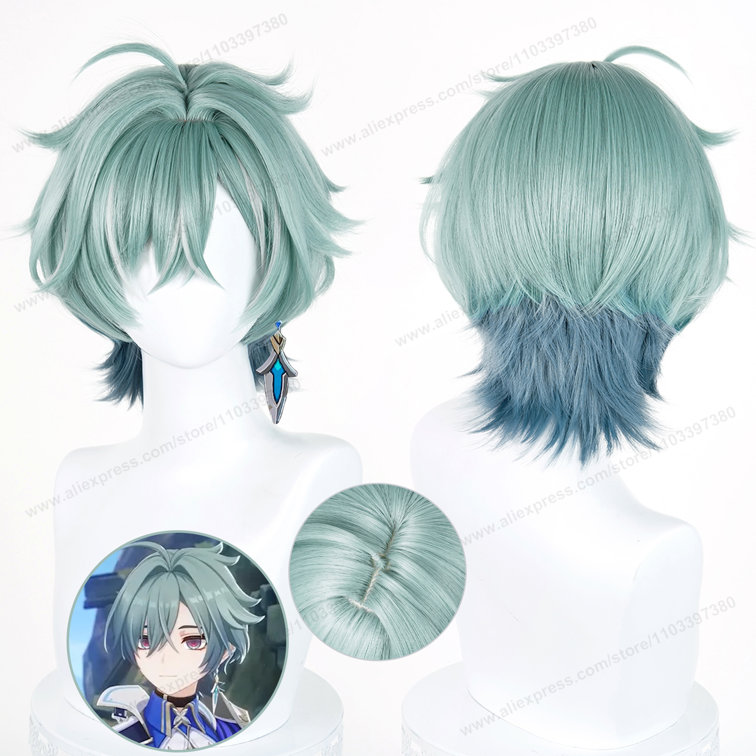 Peluca de Cosplay Lohen de 35cm, pelucas cortas verdes para hombre, peluca de Cosplay de Anime, pelo sintético resistente al calor para Halloween
