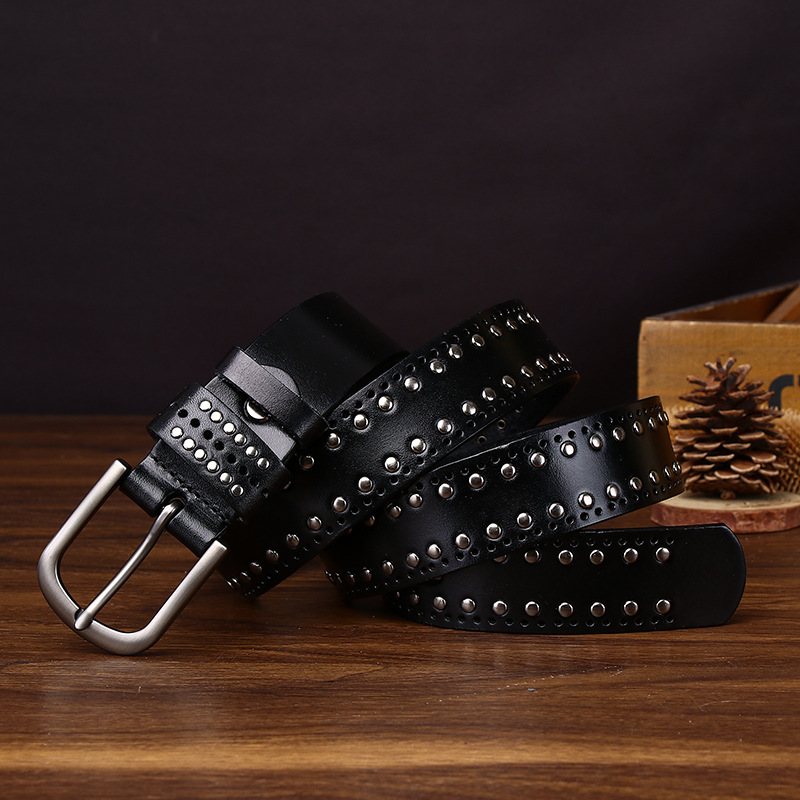 95-120cm Cowhide Leather Belt 3.2cm Width Top Grain Genuine Cow Leather Cool Punk Rivet Pin Buckle Holes Belts for Men Cowboy