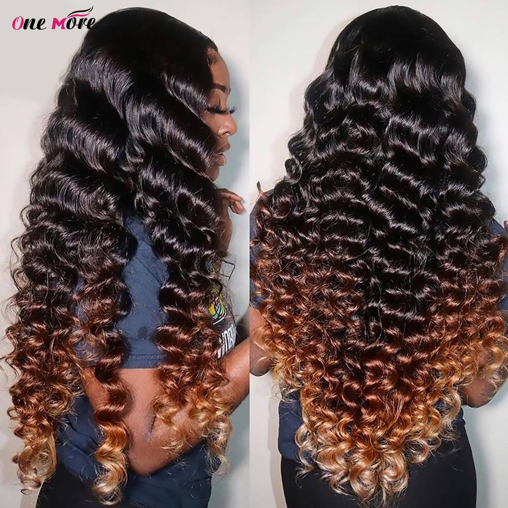Peruca Frontal de Renda 13x4 com Cabelo Humano Ondulado Solto Ombré 1B 4 30, Cor Castanha, Densidade 250, Peruca Frontal Ondulada Profunda