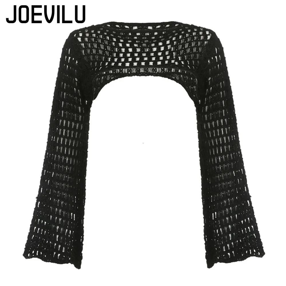 Verão crochê malha oco para fora colheita topo feminino y2k sexy blusa camisas manga longa queimado camisola cobrir ups streetwear pullovers