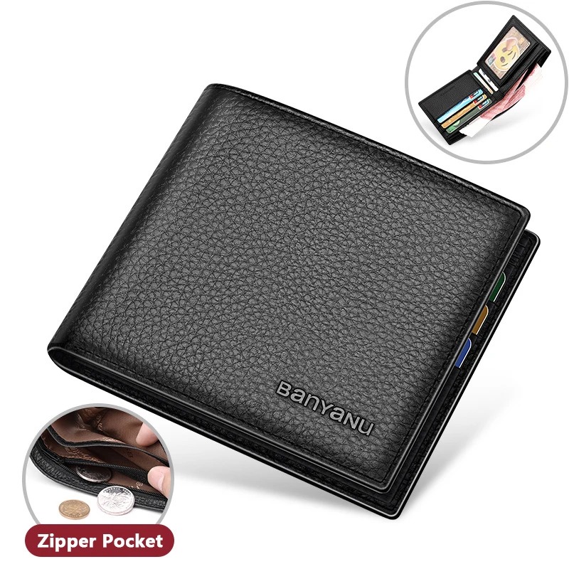 Dompet Pria Bisnis Desain Sederhana Dompet Kartu Kredit Kulit Sapi Asli Lipat Dua untuk Hadiah Ulang Tahun Pria