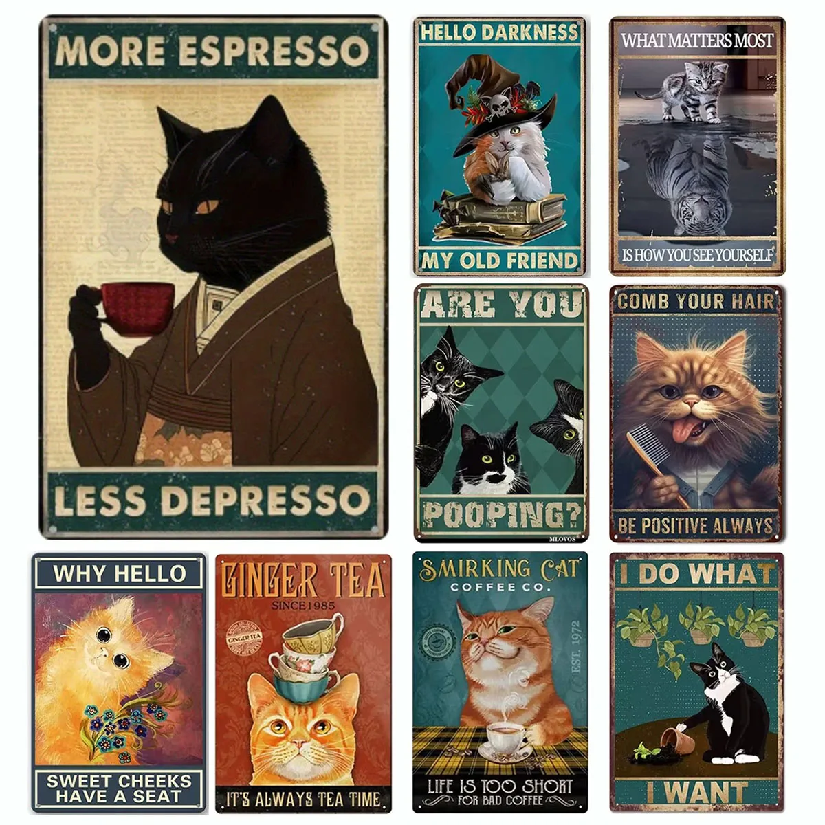 Retro-Metallblechschild, 5,5 x 20,3 cm, mehr Espresso, weniger Depresso, Poster, Trinkposter, Kaffeeliebhaber, Geschenk, lustige schwarze Katze, Wandkunst