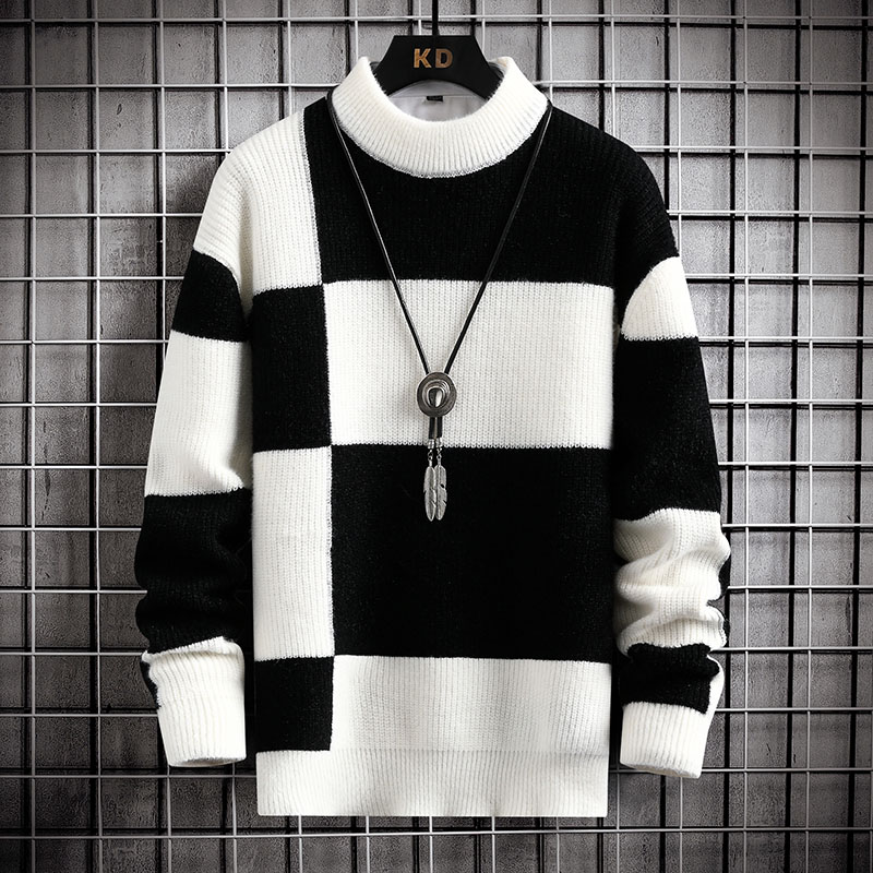 Ropa de marca, suéteres cálidos de Otoño Invierno para hombre, jerséis de punto informales de Color Patchwork, suéter de cuello redondo a cuadros para hombre 4XL-M