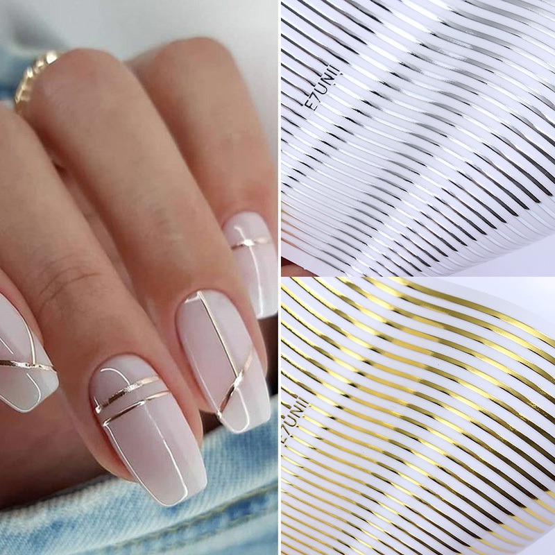 Hypoallergenic Glossy Nail Art สติกเกอร์ Golden Silver เลเซอร์เส้น Chic เรขาคณิต Slider Decals Self-Adhesive Design เล็บ