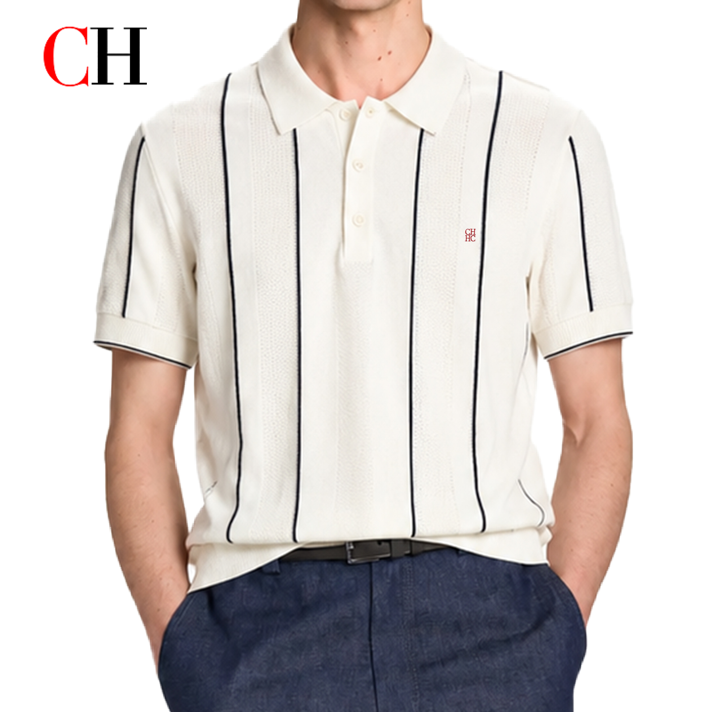 CH Heren gestreept gebreid poloshirt met korte mouwen, knoopsluiting, casual retro tennisstijl tops voor dagelijks gebruik