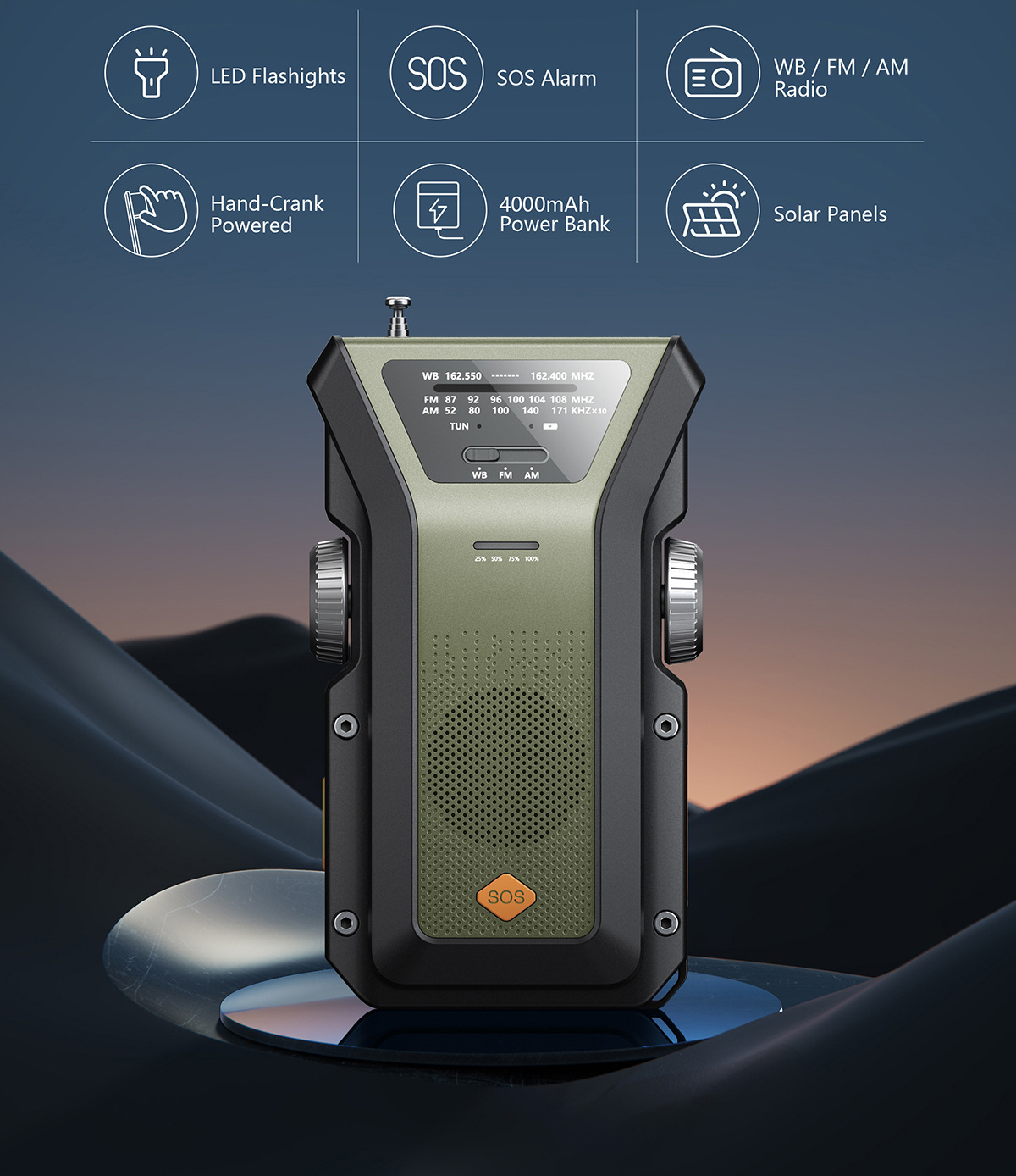 Radio météo d'urgence, radios portables à manivelle, NOAA AM/FM, alimentation solaire, alarme SOS, batterie externe 4000 mAh, lampe de poche, Type-C