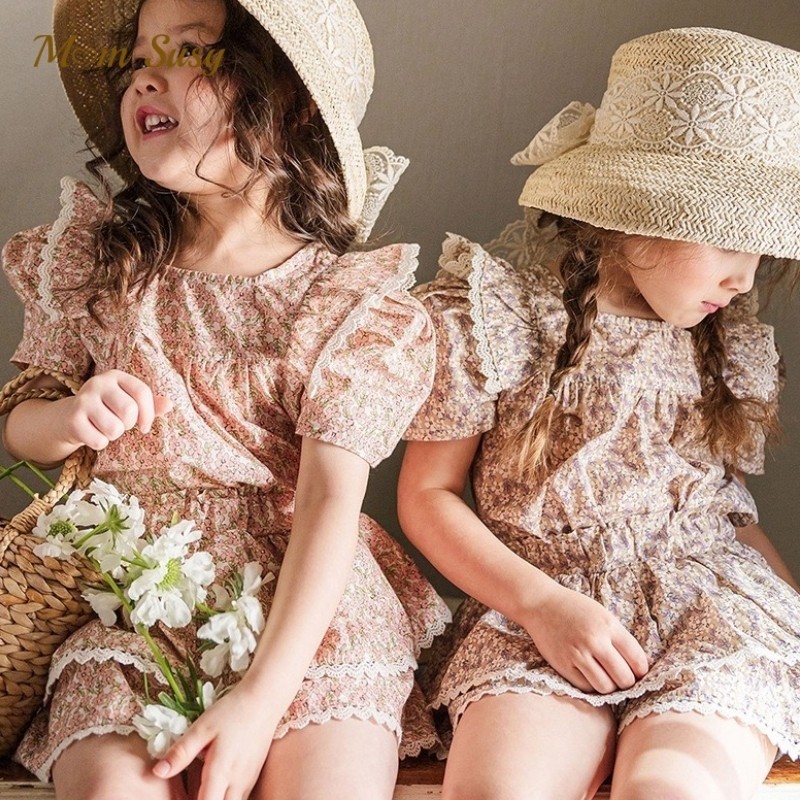 Conjunto de roupas de algodão com estampa floral para bebês meninas, camiseta + shorts, 2 peças, infantil, criança, floral, renda, verão, roupas de bebê de 1 a 10 anos