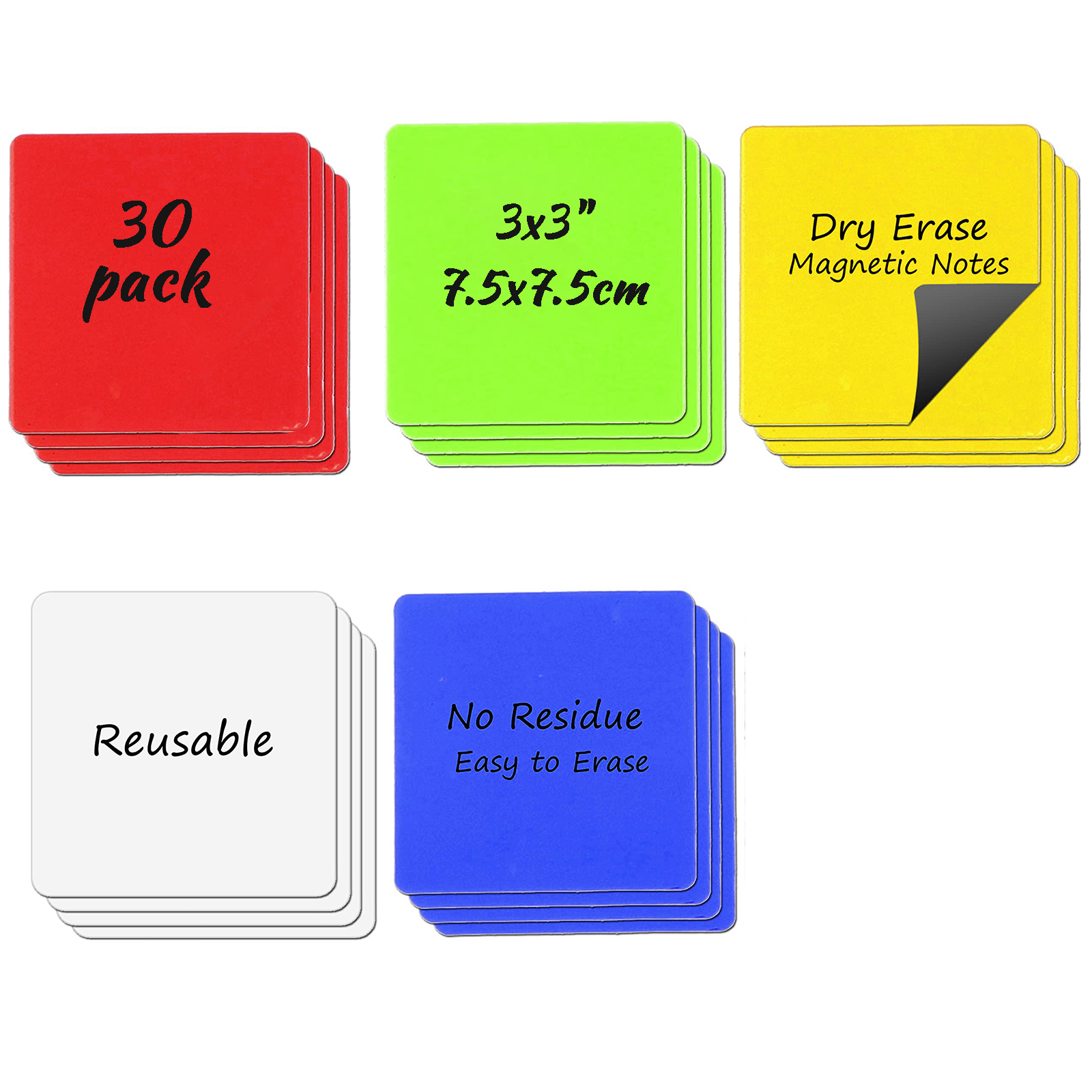 Notes autocollantes magnétiques réutilisables 3x3 pouces-paquet de 30 aimants pour tableau blanc effaçable à sec pour autocollants colorés pour réfrigérateur