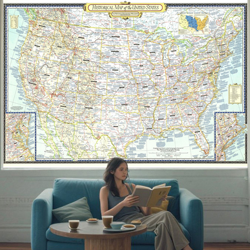 Carte vintage des États-Unis non encadrée 1953 - Affiches d'art à suspendre au mur, décoration de bureau et de maison, fournitures de voyage