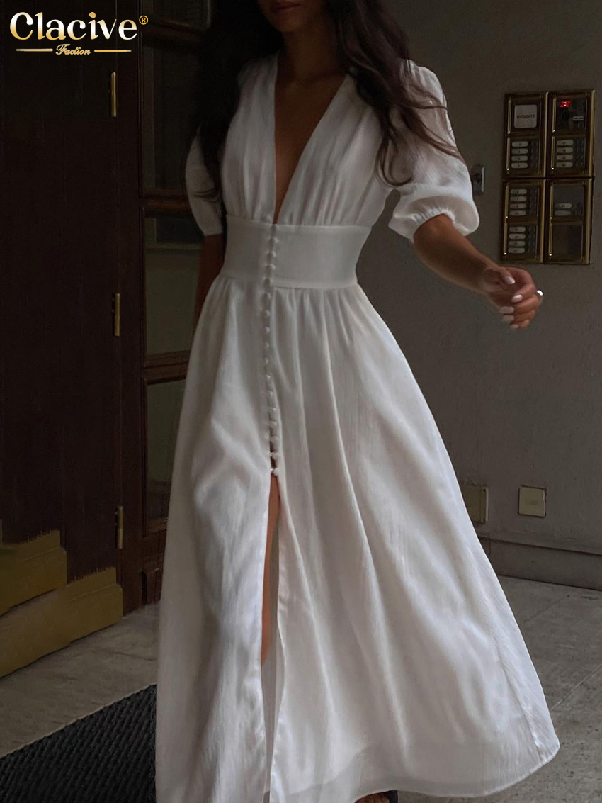 Clacive-vestido blanco Sexy de un solo pecho para mujer, vestidos de fiesta elegantes de manga corta con cuello en V, vestido Midi ajustado informal para mujer 2022