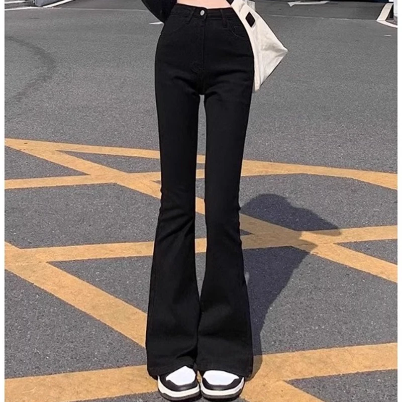 Mulher americana cintura alta fino ajuste sino inferior jeans moda feminina y2k alargamento calças meninas elástico designer preto denim calças