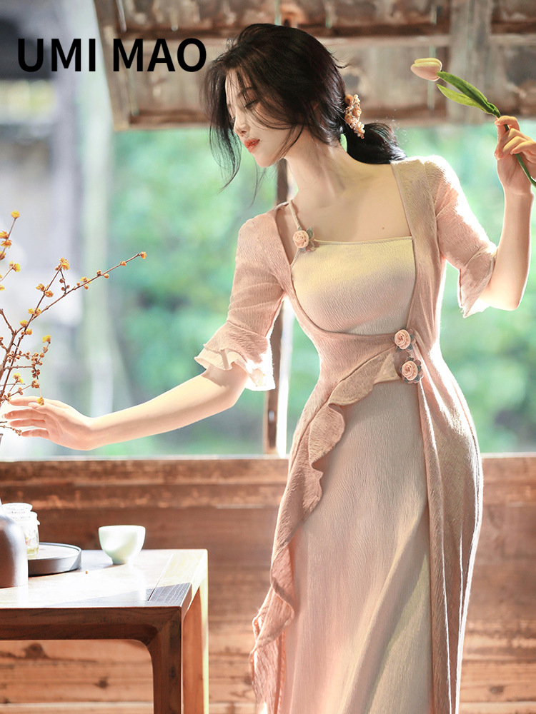 UMI MAO Nieuwe Chinese Jurk Elegante vrouwen Nieuwe Lente Zomer Unieke Zachte Fee Jurk Splice Kleine Ontwerp Lange Jurken Femme