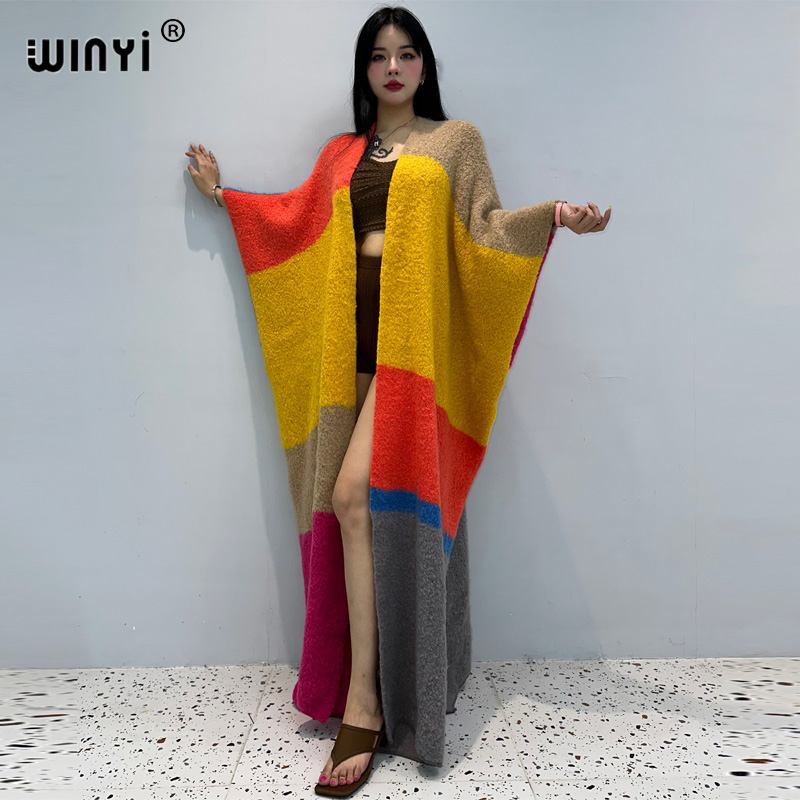 WINYI inverno donna colore stampa geometrica pelliccia di lusso cappotto neutro spesso confortevole caldo femminile sopra cappotto poncho lungo piumino