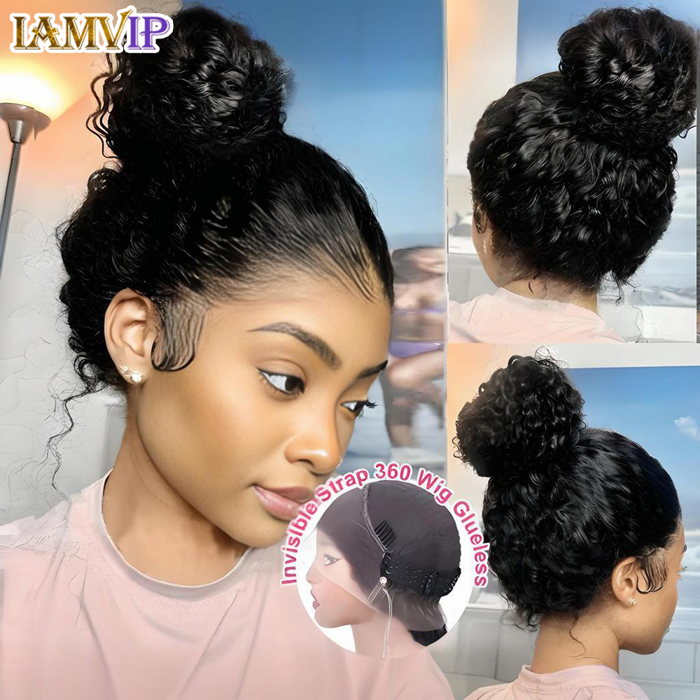 4C Edges 250% HD Invisi Strap 360 Full Lace Frontal Kinky Curly Wig 30 inch Black Human Hair Drawstring Snug Water Wig Glueless