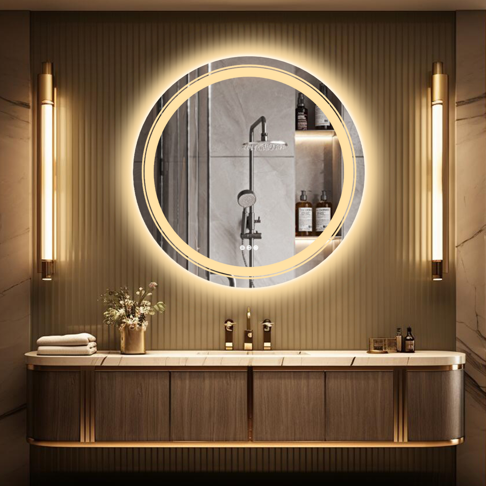 600Mm Led Ronde Muur Gemonteerde Make-Upspiegel Met Demister Pad Smart Touch Sensor Geheugenfunctie Achtergrondverlichting Aan De Voorkant Verlicht 3 Kleuren