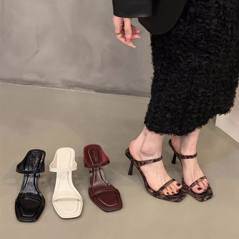 SUOJIALUN 2024 Summer New Brand Women Slipper Fashion Narrow Band Ladies Elegant Slides Thin High Heel Open Toe Slip On Sandal P