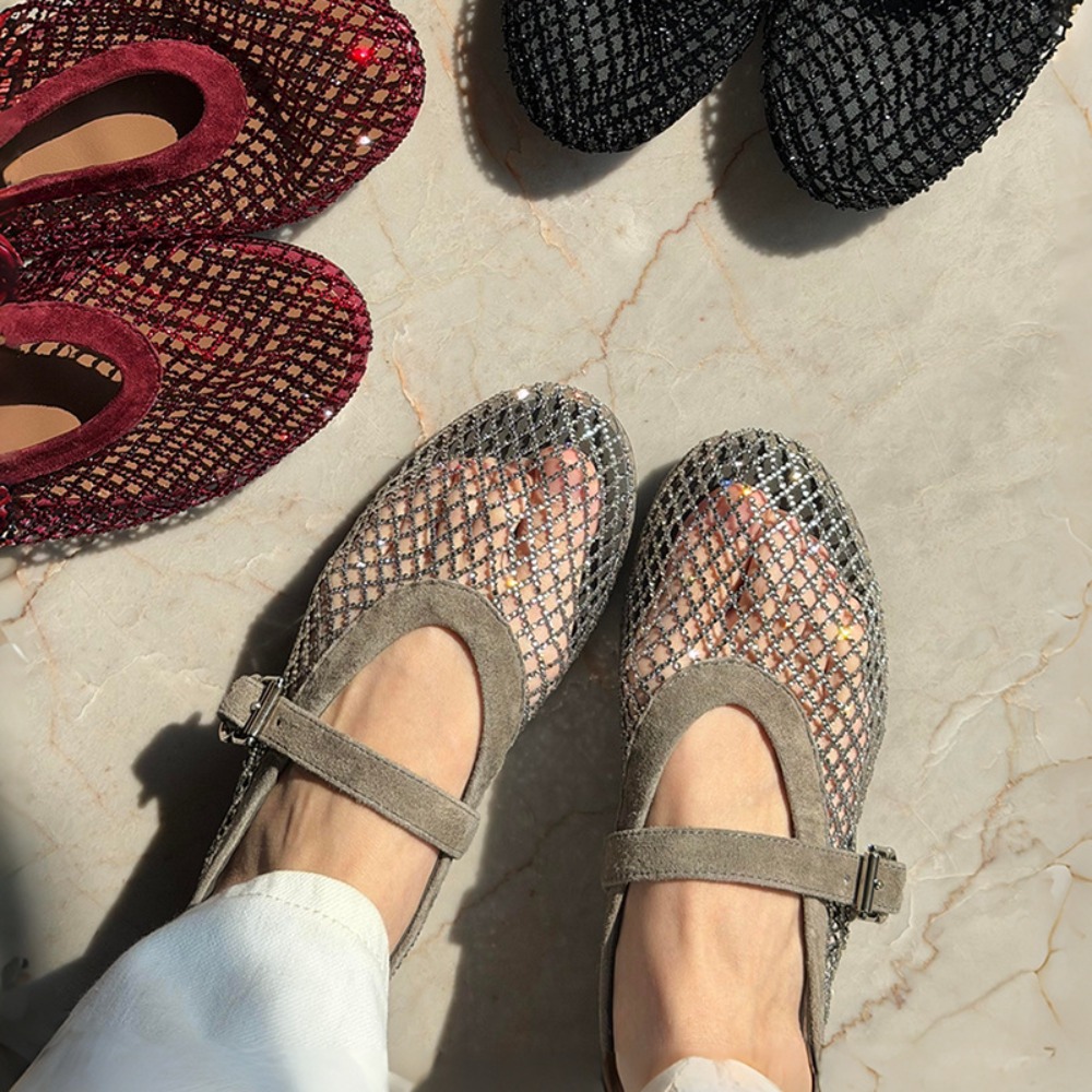 2026 new summer fishing net shoes sheepskin version hollowed out rhinestone toe cap sandals breathable Mary Jane single shoes