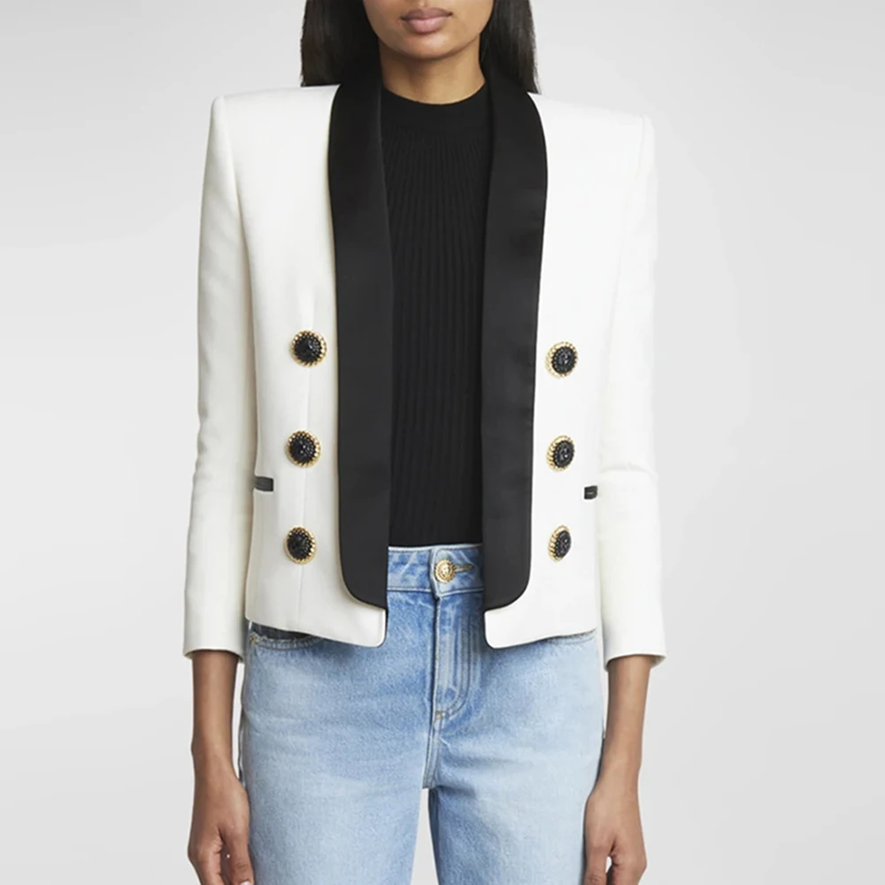 Mulheres Double Breasted Patchwork Blazer de Ponto Aberto, Jaqueta Clássica, Designer de Moda, Novo, Tamanho Exterior S-2XL, 2022