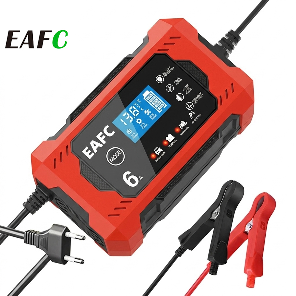 Chargeur de batterie intelligent EAFC 6A 12V pour voiture et moto avec écran LCD – Unité de charge pour batteries au plomb-acide