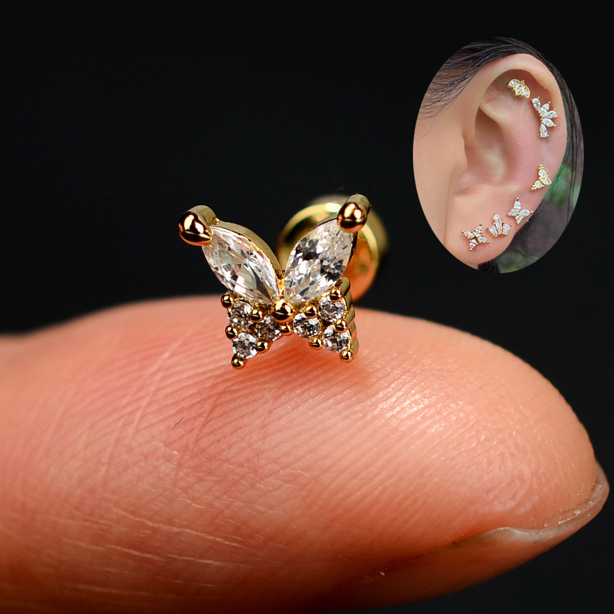 1pc mini borboleta folha cartilagem parafuso brinco para mulheres cristal zircão lóbulo tragus helix brincos corpo piercing jóias