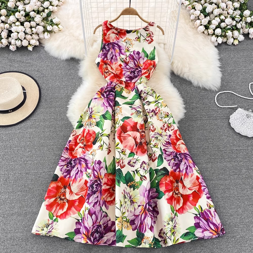 Abiti Jacquard fiore vacanza estiva per donna senza maniche O collo canotta femminile gilet festa di nozze abito da ballo Midi abiti