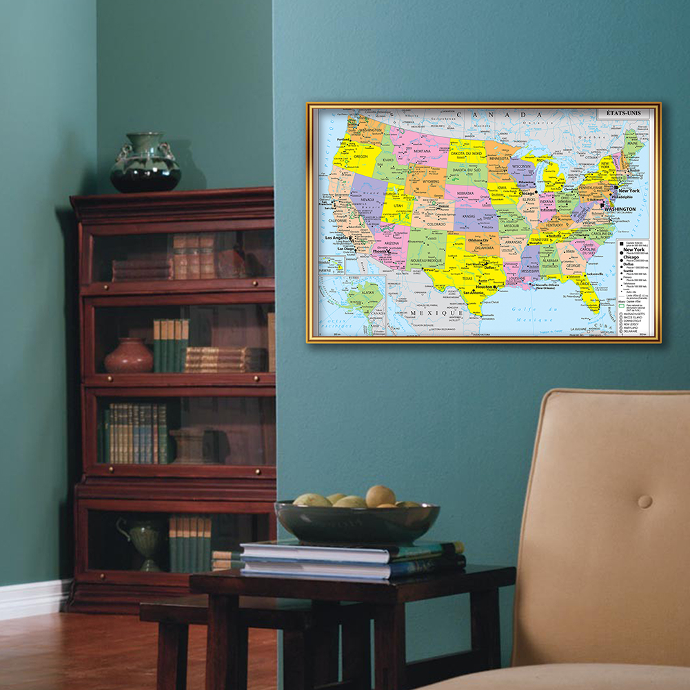59*42Cm Hoa Kỳ Bản Đồ Chính Trị Với Chi Tiết Trong Tiếng Pháp Trang Treo Tường Tranh Canvas Đồ Dùng Học Tập trang Trí Nhà Cửa