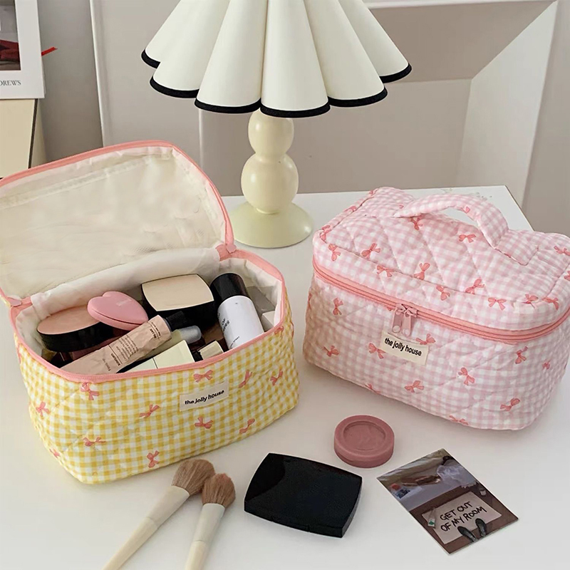 Bolsa de cosméticos acolchada de 3 tipos, organizador de viaje de gran capacidad para mujer, bolsa de lavado con bonito patrón de nudo de lazo, bolsa de almacenamiento con cremallera para maquillaje