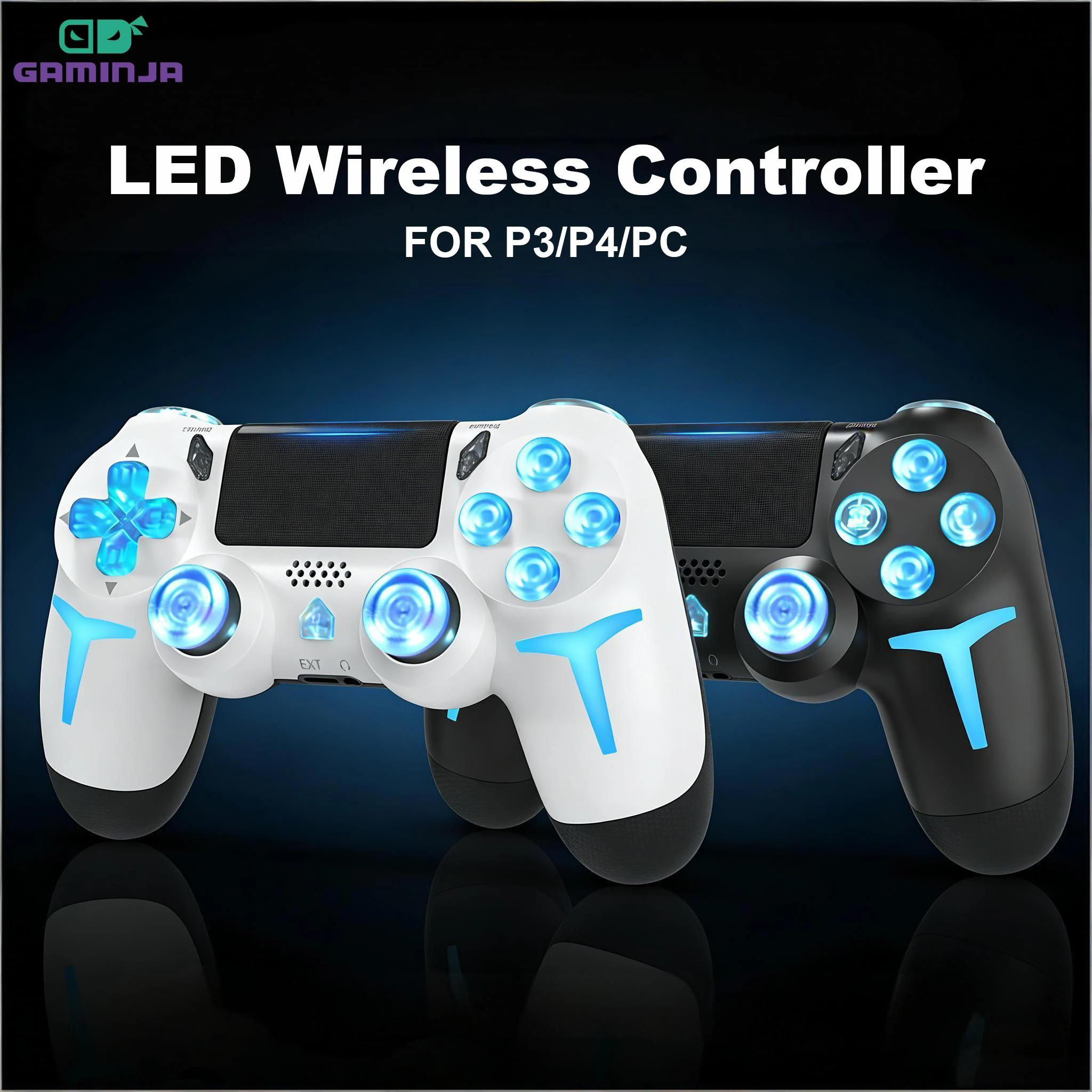 Bezprzewodowy kontroler do gier GAMINJA LED dla konsoli PS4, PS3, komputera PC, z podświetleniem RGB, Bluetooth, gamepad z 6-osiowym żyroskopem i podwójną wibracją.