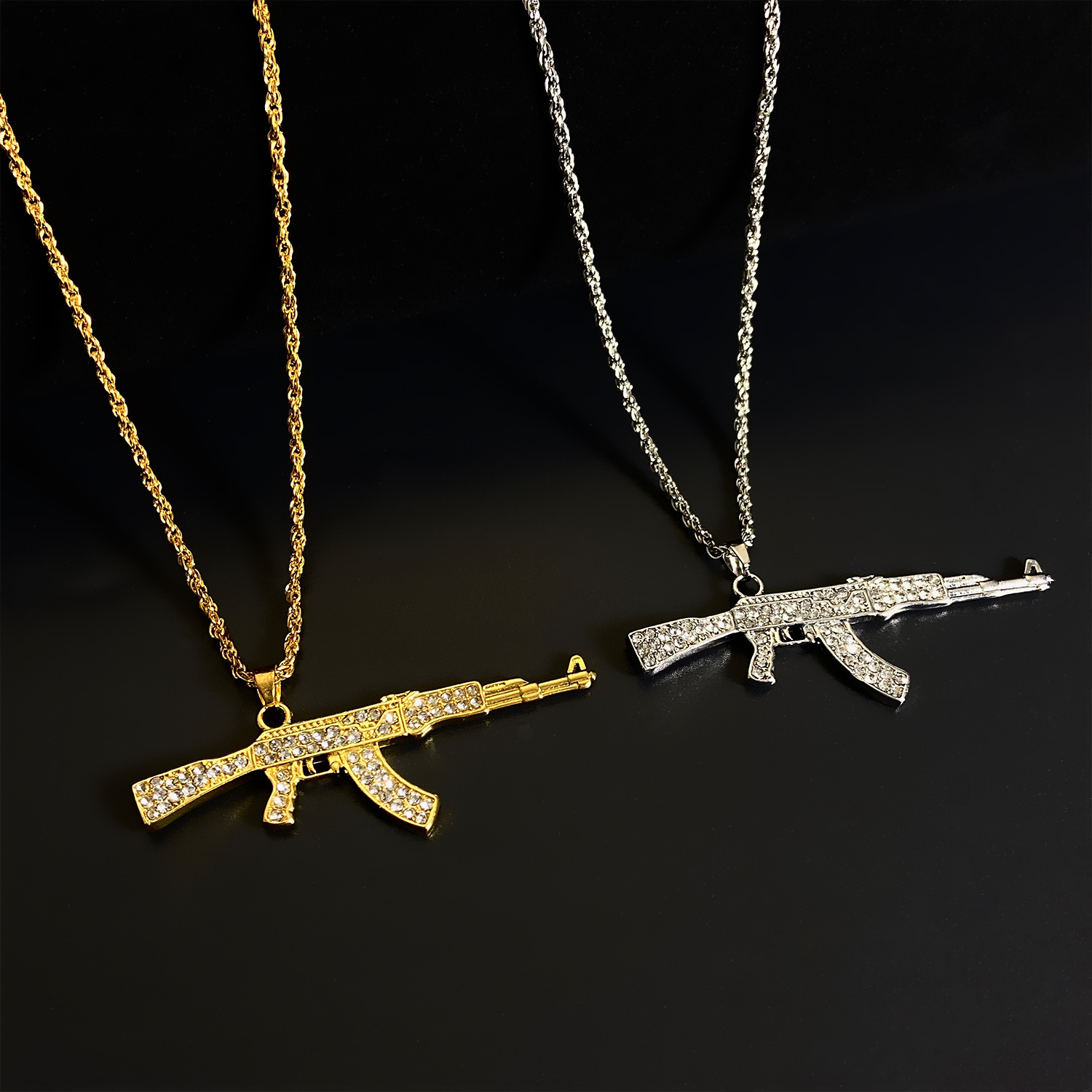 ZAKOL Hiphop&Rock AK47 Rifle&Gun Wisiorek Naszyjniki Dla Mężczyzn Kobiety Kryształ Metalowy Łańcuch Obojczyka Choker Impreza Codzienna Biżuteria Prezenty