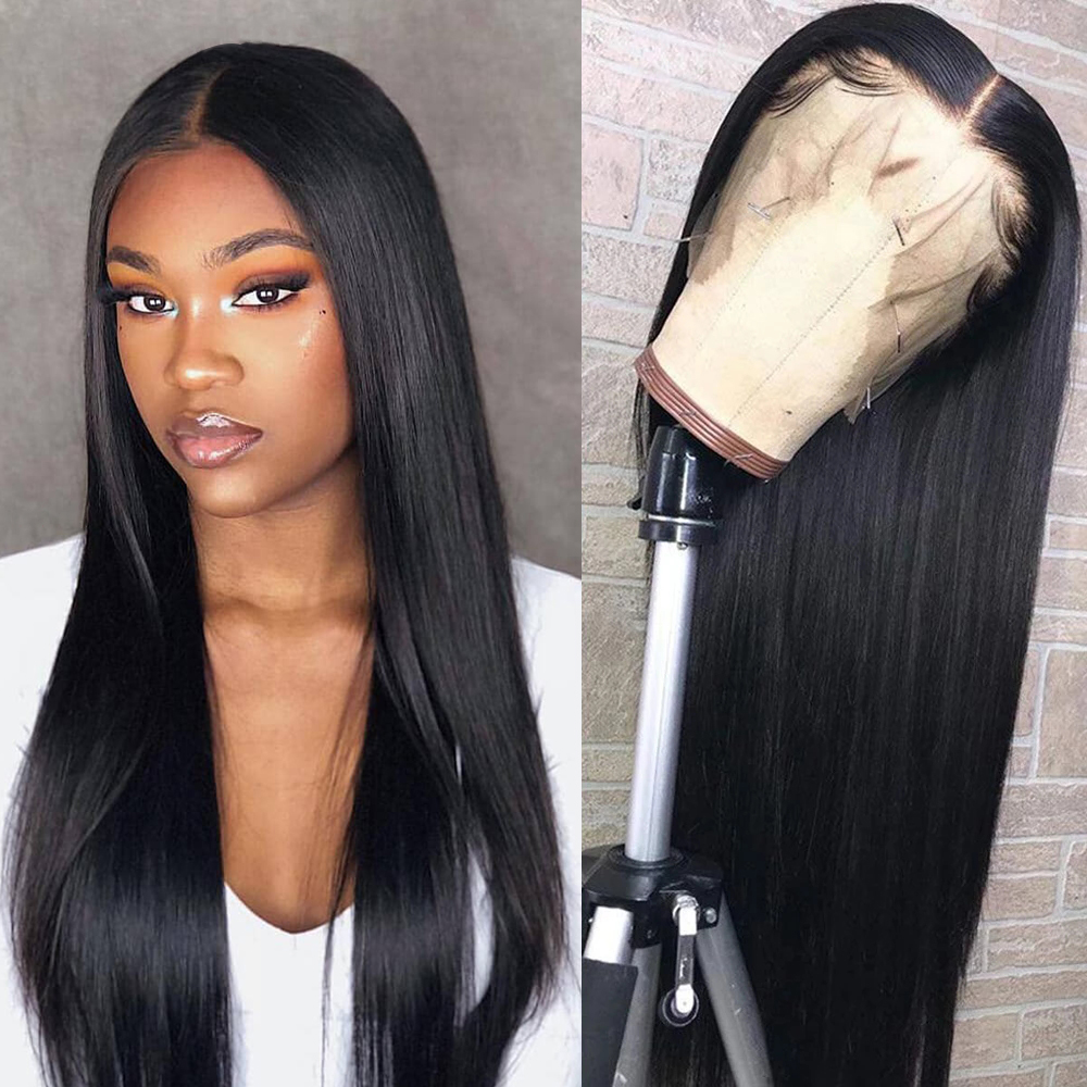 Peluca de cabello humano liso de 13x4 para mujeres negras, postizo de encaje Frontal transparente con densidad de 180, pelo Remy predespuntado HD de 34 y 36 pulgadas