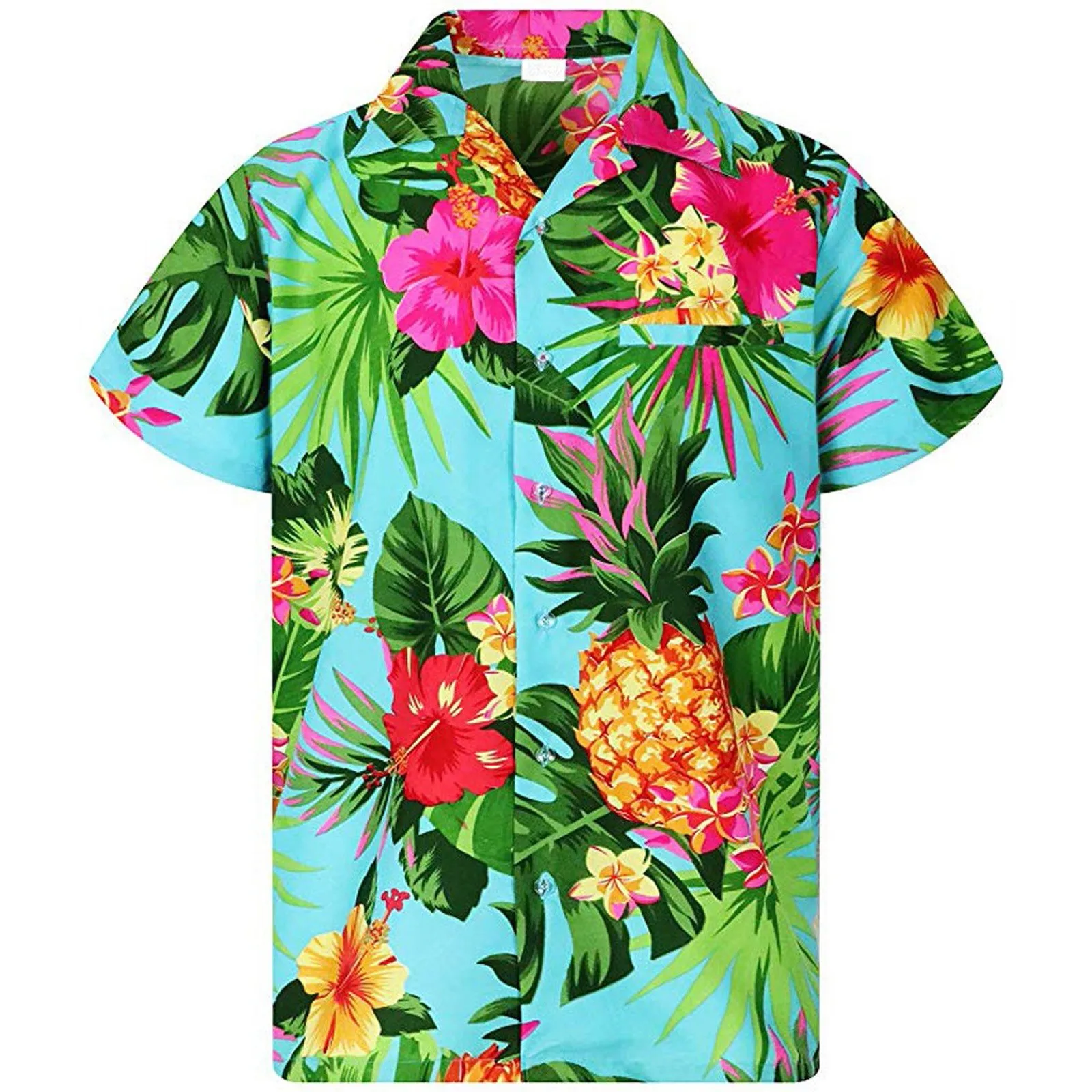 Funky Damen-Hawaii-Hemd mit Fronttasche, Blätter, Blumen, Ananas-Druck, Damen-Tops und Blusen, Sommer-Top für Damen