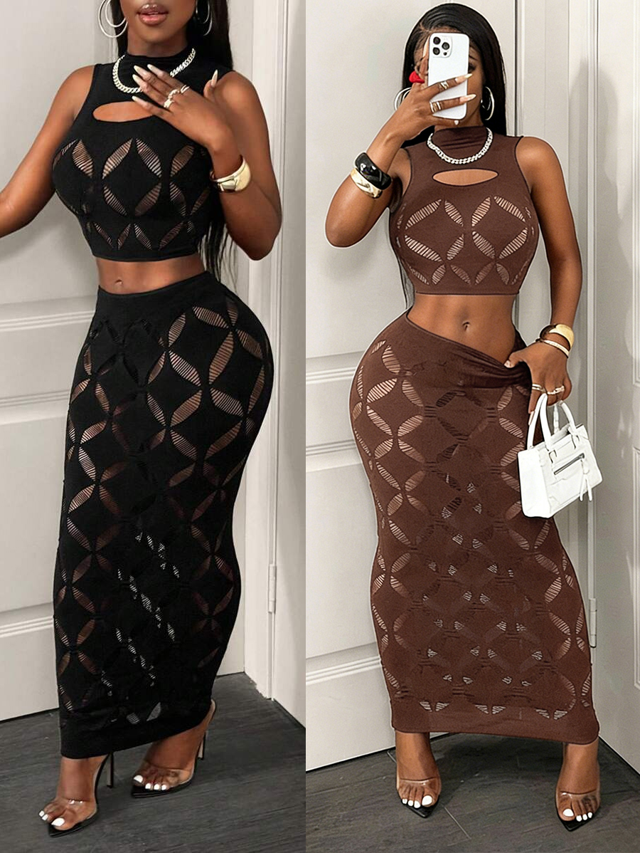 FHSEER Conjunto sexy de 2 piezas para mujer, conjunto sexy de malla transparente con aberturas, top corto y minifalda ajustada de cintura alta, ropa de club elástica