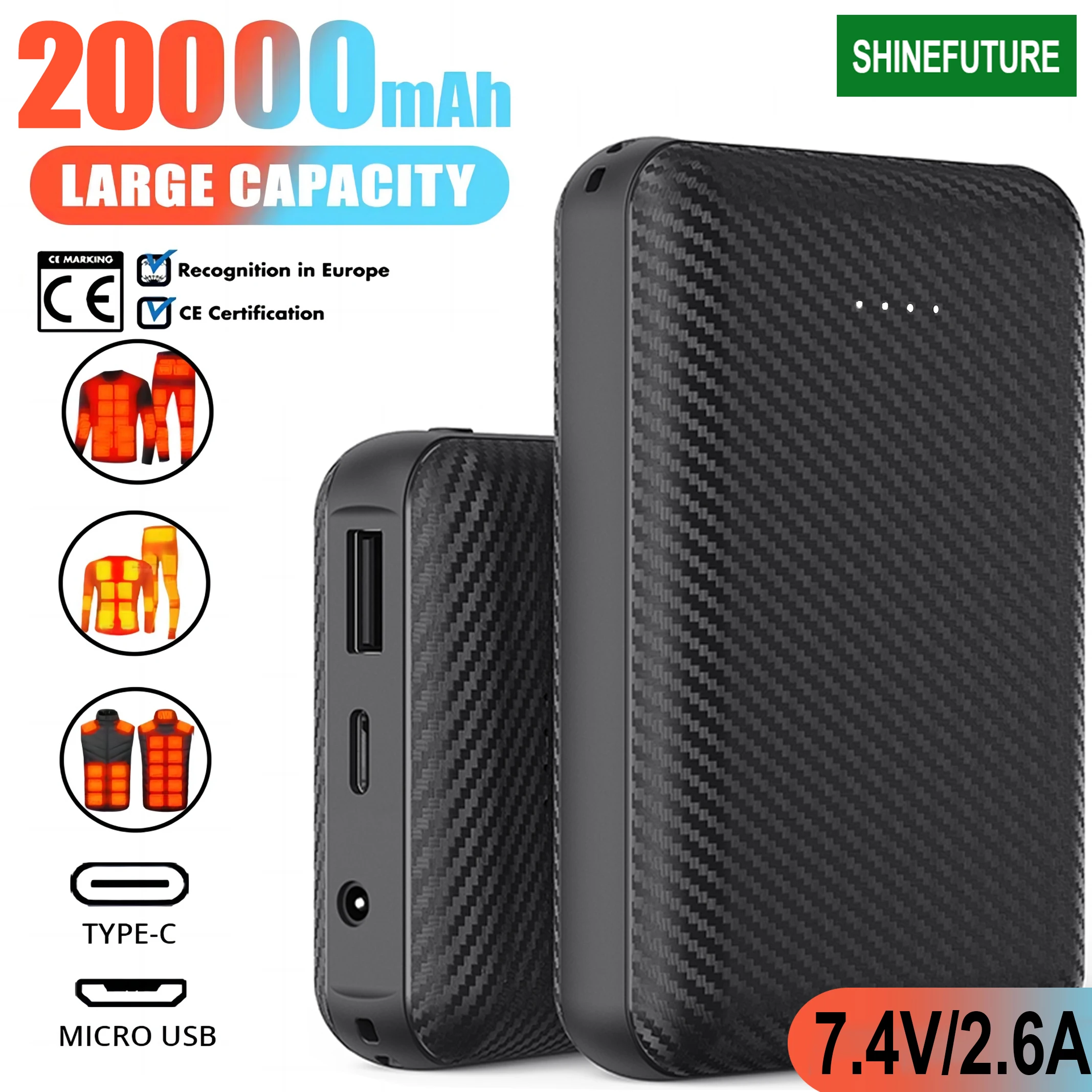 Tragbare Power Bank DC7,4 V Tragbares Ladegerät 20000 mAh Externer Akku für Heizweste Mobiltelefon Tragbares Laden