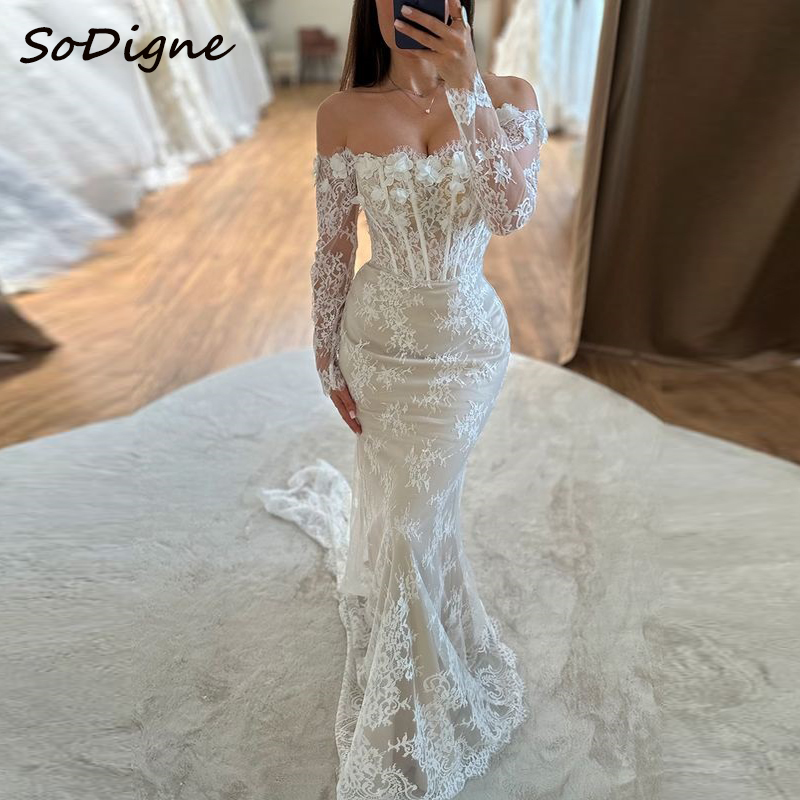 Sodigne sereia vestidos de casamento de renda fora do ombro mangas compridas vestido de noiva boho vestido de casamento robe de mairee ﻿ Personalizado