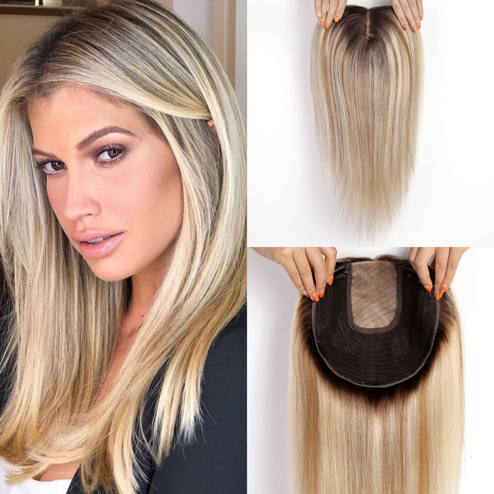 Bruin Blond Hoogtepunt Remy Menselijk Haar Toppers Clips in 16 Inch Recht Haarstukje voor Vrouwen Zijde Basis Topper Hair Extensions